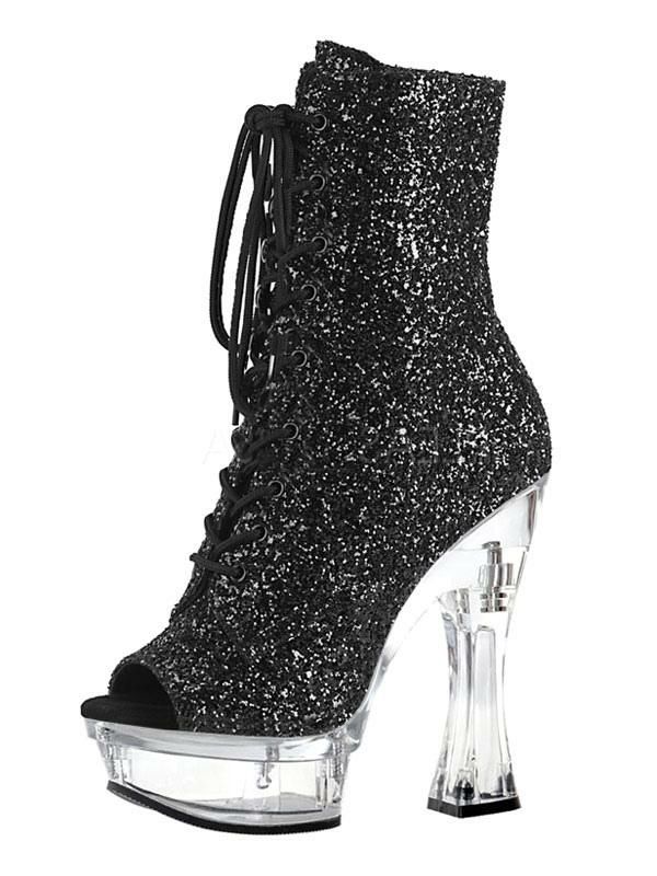 Occasion Shoes | Pole Dance Shoes Glitter Lace Up Sexy Ankle Boots Clear Platform Chunky Heels Occasion Shoes Occasion Shoes