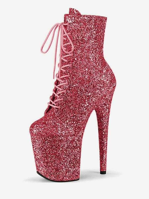 Occasion Shoes | Pole Dance Shoes Glitter Lace Up Stiletto Heel Ankle Boots with 4 inch Platform Occasion Shoes Occasion Shoes