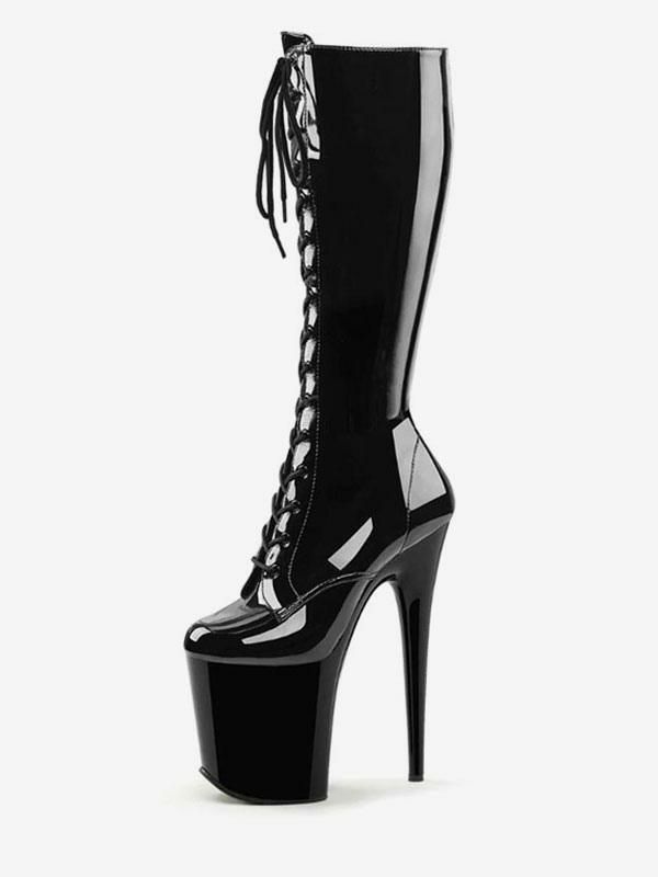 Occasion Shoes | Pole Dance Shoes Sexy Knee High Boots Lace Up Platform Stiletto Heel Boots Stripper Shoes in Black Occasion Shoes Occasion Shoes