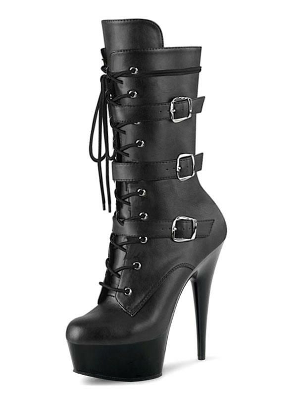 Occasion Shoes | Pole Dance Shoes Sexy Platform Lace Up Buckles Exotic Heel Boots in Black Vegan Leather Occasion Shoes Occasion Shoes