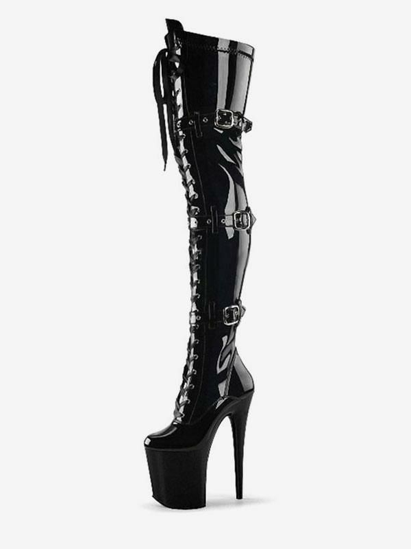 Occasion Shoes | Pole Dance Shoes Sexy Thigh High Boots Lace Up Buckles Platform Sky High Stiletto Heel Boots in Black Occasion Shoes Occasion Shoes