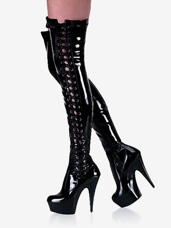 Occasion Shoes | Pole Dance Shoes Sexy Thigh High Boots Side Lace Up Platform Stiletto Heel Boots in Black Occasion Shoes Occasion Shoes