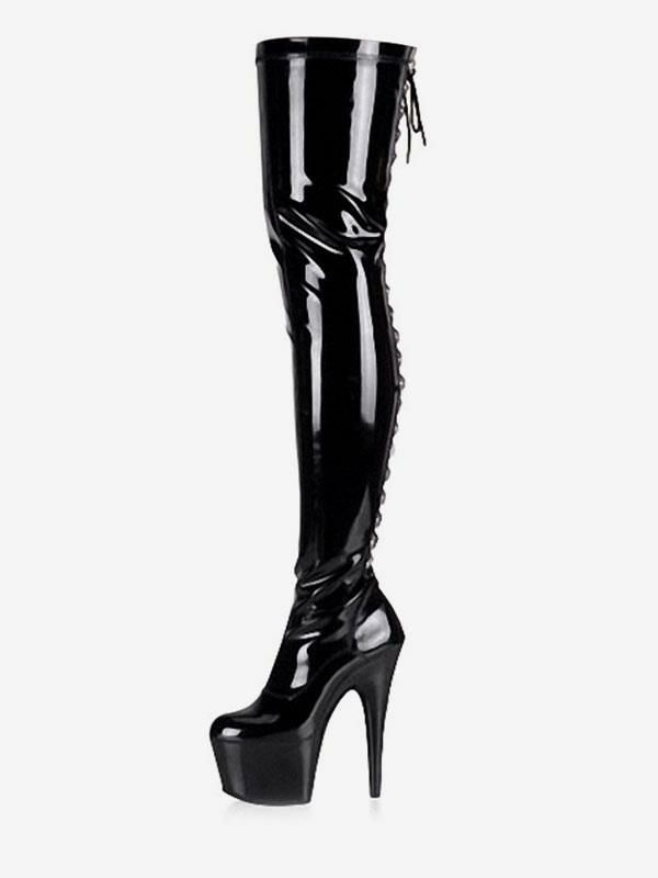 Occasion Shoes | Pole Dance Shoes Women Sexy Boots Black Round Toe Lace Up Stiletto Heel Thigh High Boots Over The Knee Boots Stripper Shoes Occasion Shoes Occasion Shoes