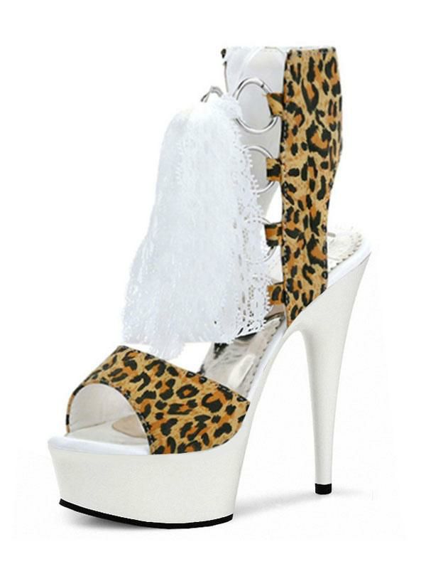 Occasion Shoes | Pole Dance Shoes Women Sexy Boots Yellow Leopard Print PU Leather Peep Toe Stiletto Heel Lace Up Heeled Sandals Occasion Shoes Occasion Shoes