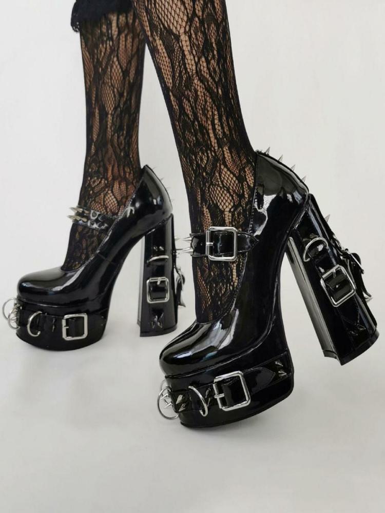 Occasion Shoes | Punk Style High Heels Black Bukle Detail Rivets High Heels Occasion Shoes Occasion Shoes