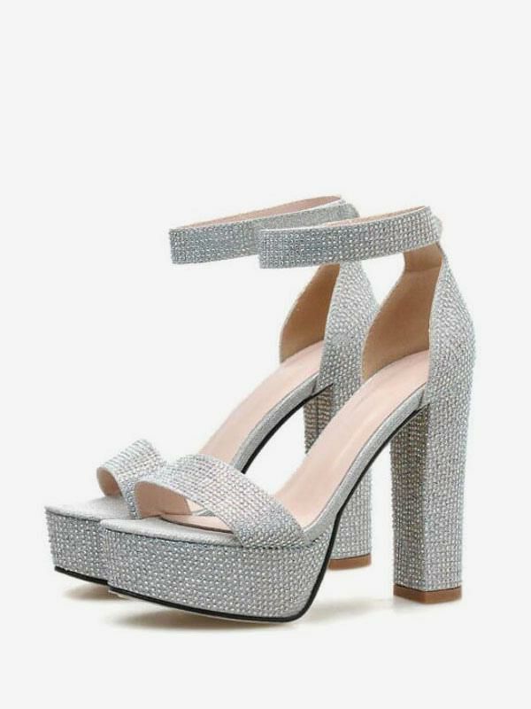 Occasion Shoes | Rhinestones Platform Ankle Strap Chunky Heel Evening Sandals in Silver Occasion Shoes Occasion Shoes