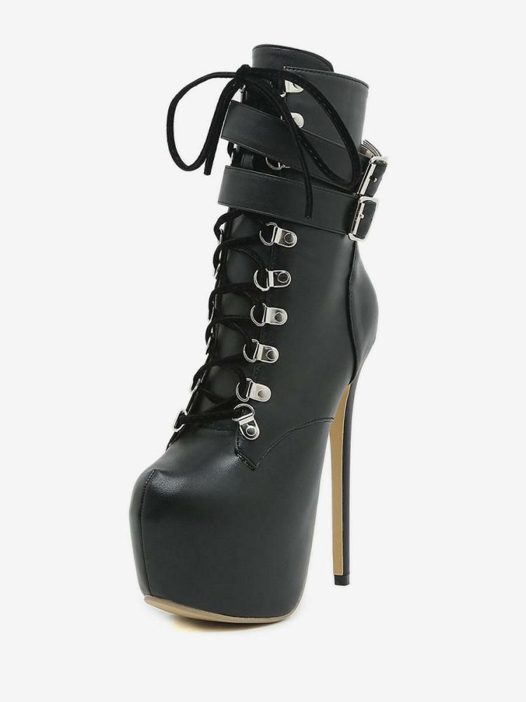 Occasion Shoes | Sexy High Heel Boots Black Almond Toe Buckle Lace Up Stiletto Heel Rave Club Boots Occasion Shoes Occasion Shoes