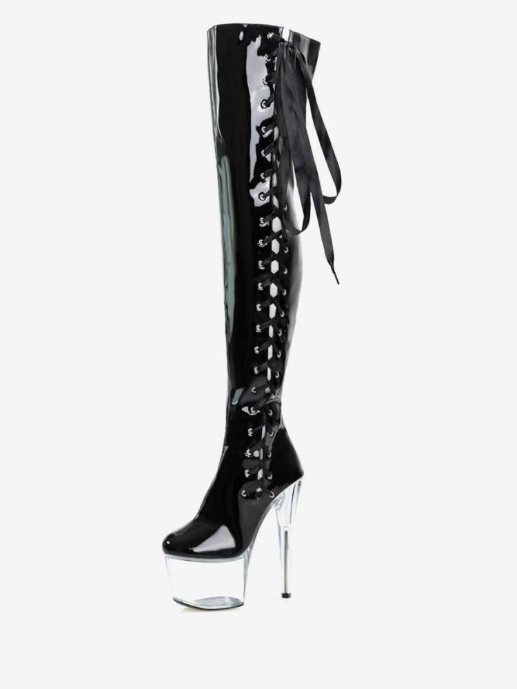 Occasion Shoes | Sexy High Heel Boots Round Toe Zipper Geometric Stiletto Heel Rave Club Transparent Thigh High Boots Over The Knee Boots Occasion Shoes Occasion Shoes