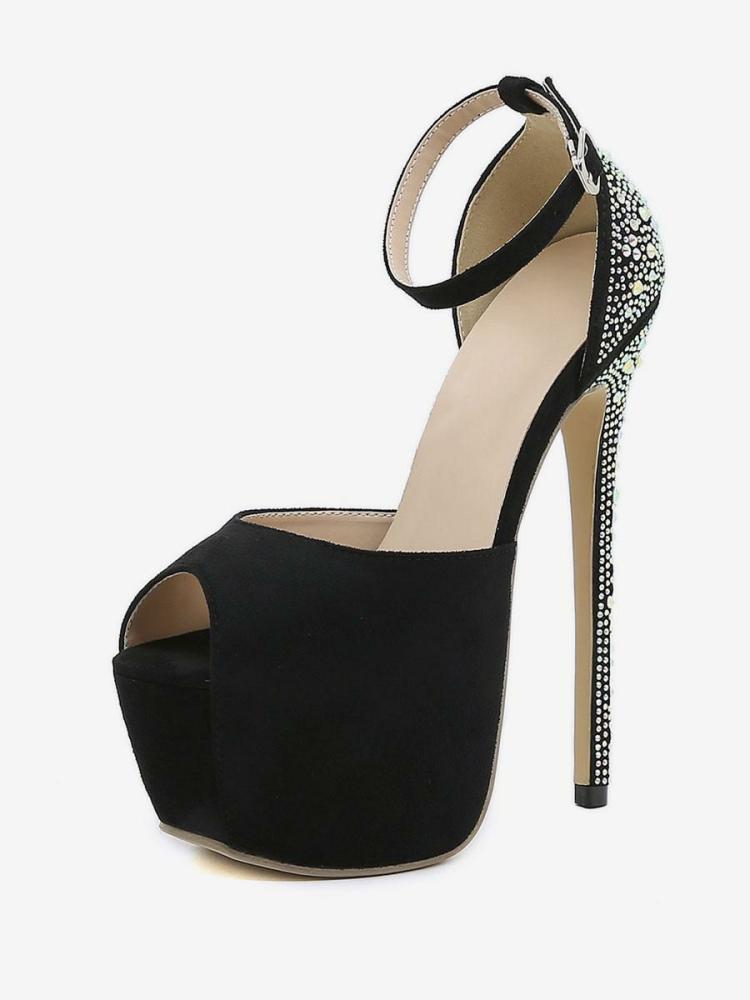 Occasion Shoes | Sexy High Heels Black Platform Rhinestones Peep Toe Stiletto Heel Micro Suede Upper Pumps Occasion Shoes Occasion Shoes