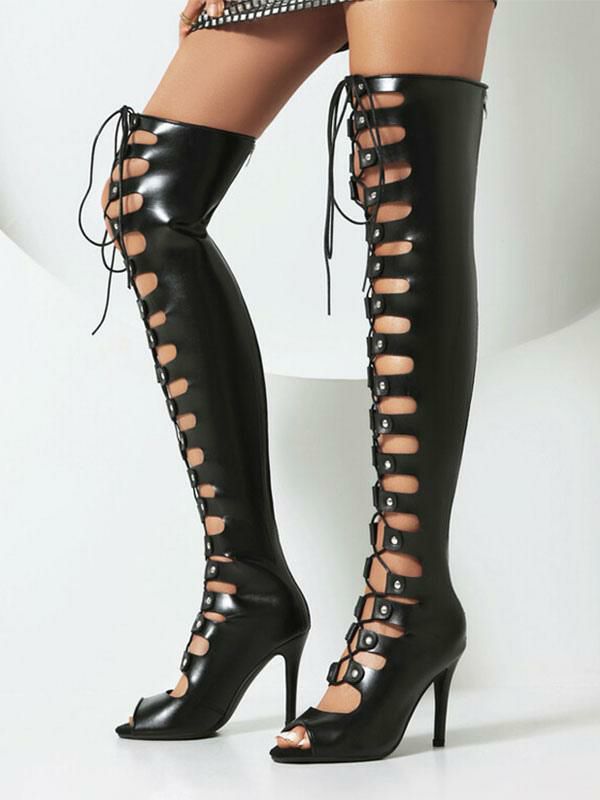 Occasion Shoes | Sexy Over The Knee Boots Black Cut Out Lace Up High Heel Sandal Boots Occasion Shoes Occasion Shoes