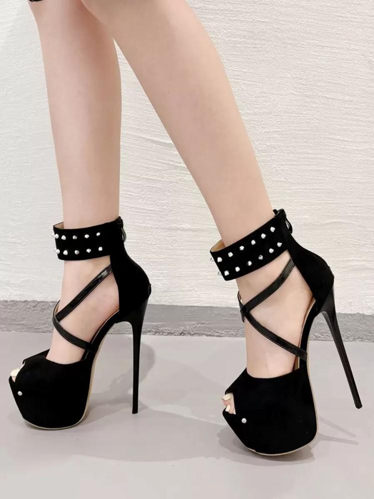 Occasion Shoes | Sexy Sandals For Woman Black Micro Suede Upper Peep Toe 2.2″ Rivets 5.5″ Sexy Shoes Occasion Shoes Occasion Shoes