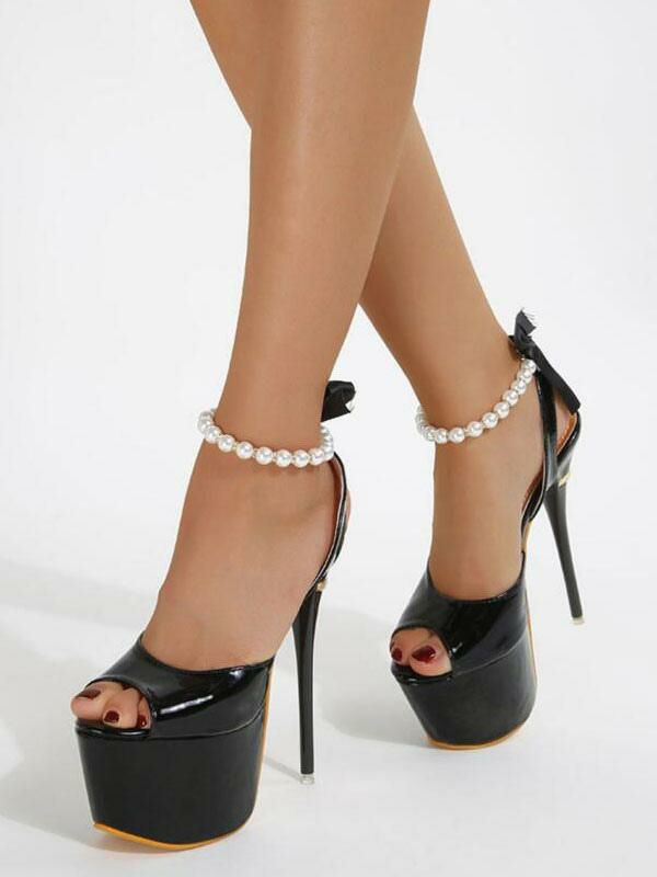 Occasion Shoes | Sexy Sandals For Woman Black PU Leather Open Toe 2.4″ Pearls 6.3″ Sexy Shoes Occasion Shoes Occasion Shoes