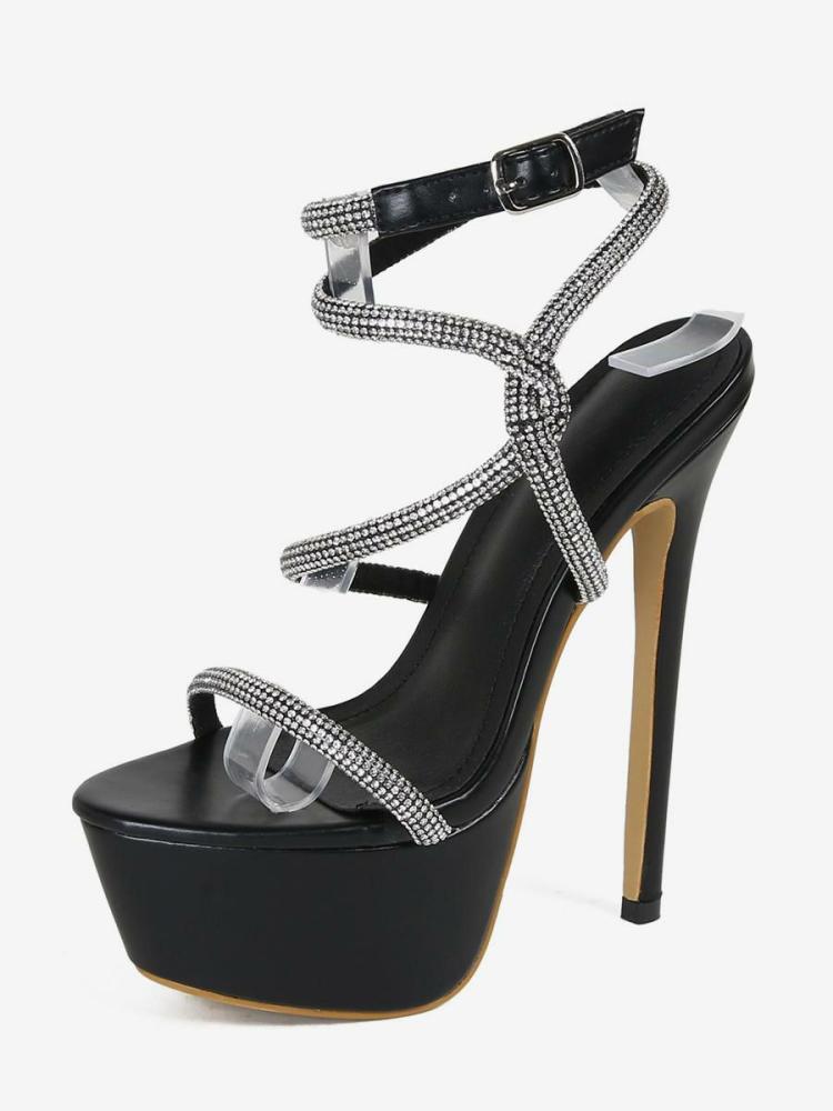 Occasion Shoes | Sexy Sandals For Woman Black PU Leather Peep Toe 2.4″ Rhinestones 6.3″ Sexy Shoes Occasion Shoes Occasion Shoes