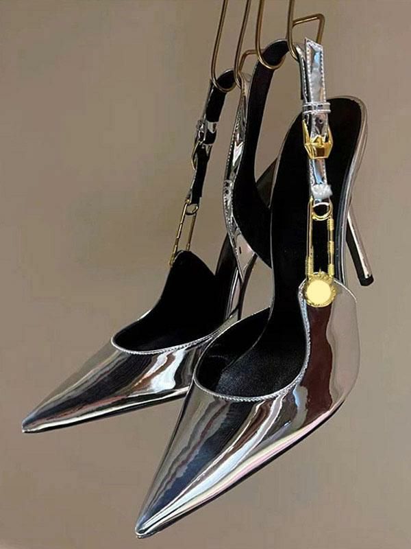 Occasion Shoes | Silver High Heel Pumps Women Pointed Toe Chain Detail Slingback Pumps Occasion Shoes Occasion Shoes