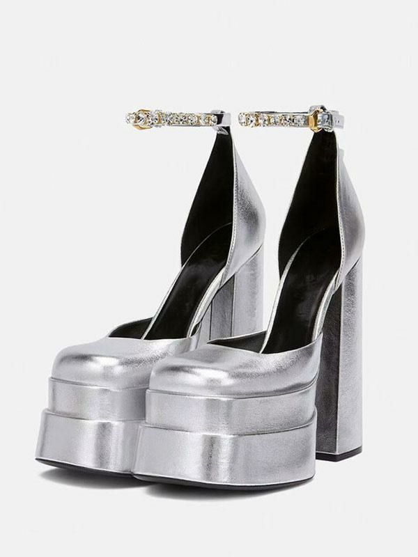 Occasion Shoes | Silver Platform Heels Metallic Women Squared Toe Chunky Heel Ankle Strap Party Shoes Occasion Shoes Occasion Shoes