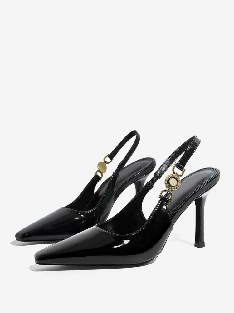 Occasion Shoes | Slingback Heels Black Pointed Toe Rhinestones Chain Detail Dress Shoes Occasion Shoes Occasion Shoes