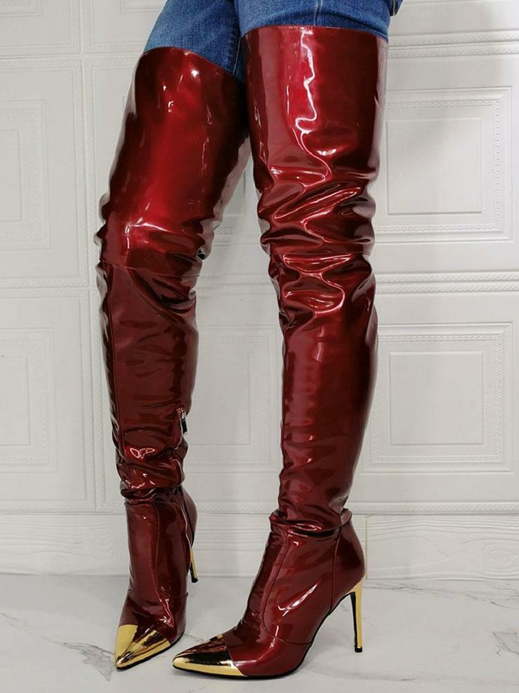 Occasion Shoes | Stiletto Heel Thigh High Boots in Burgundy Patent Bright Leather Occasion Shoes Occasion Shoes