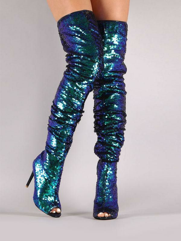 Occasion Shoes | Thigh High Boots Sequined Over Knee Boots Peep Toe High Heel Sexy Boots Occasion Shoes Occasion Shoes