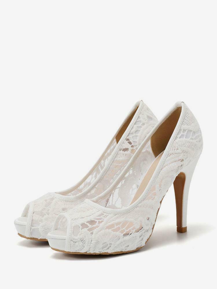 Occasion Shoes | Women Heels White Goblet Heel Platforms Lace Peep Toe Heels Slip On Pumps Occasion Shoes Occasion Shoes