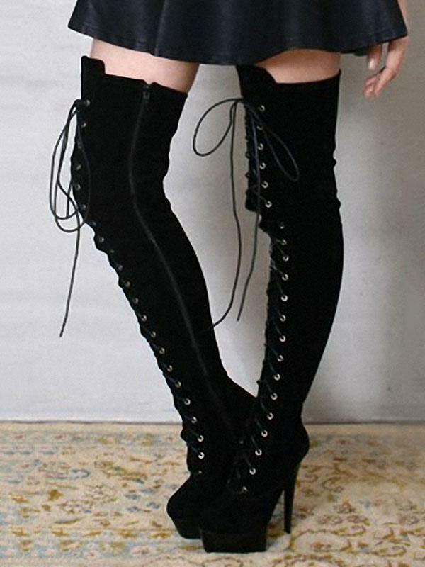 Occasion Shoes | Women Sexy Boots Round Toe Lace Up Zipper Stiletto Heel Rave Club Black Thigh High Boots Occasion Shoes Occasion Shoes