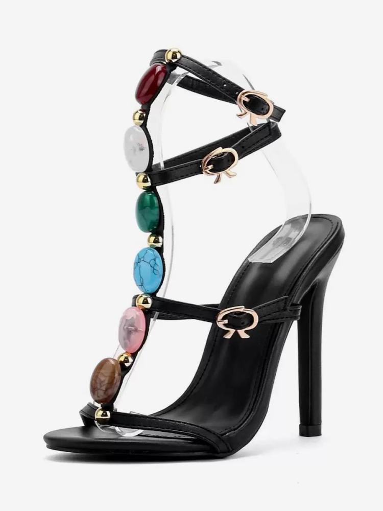 Sandals | Black Gladiator Sandals Women Open Toe Colorful Stone Detail High Heel Sandals Sandals Sandals