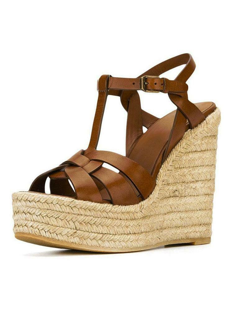 Sandals | Brown Wedge Sandals Women Platform PU Woven T Strap Wedge Shoes Sandals Sandals