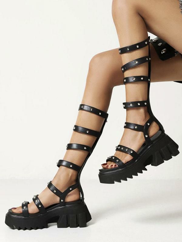 Sandals | Flatform Sandals Black Rivets PU Leather Gladiator Sandals Sandals Sandals