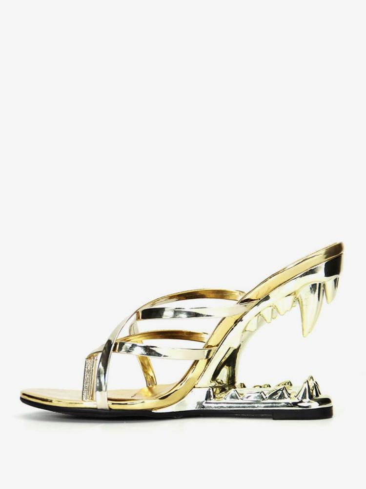 Sandals | Gold PU Leather Sharke Teeth Designed Wedge Sandals Sandals Sandals