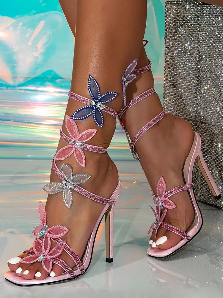 Sandals | Heeled Sandals Pink Open Toe Butterfly Detail Strappy Sandals Sandals Sandals