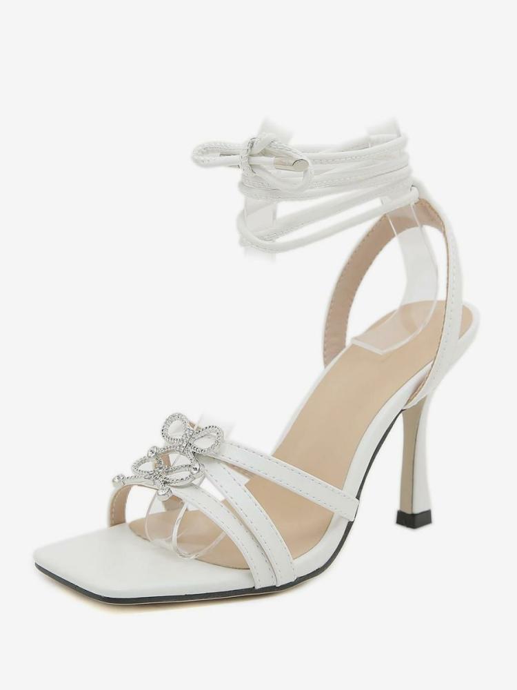 Sandals | Heeled Sandals White Open Toe Stiletto Heel Rhinestones Lace Up Sandals Sandals Sandals