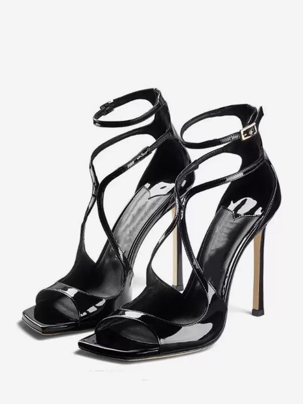 Sandals | High Heel Sandals Black Patent PU Upper Peep Toe Strappy Prom Shoes Little Heel Party Shoes Sandals Sandals