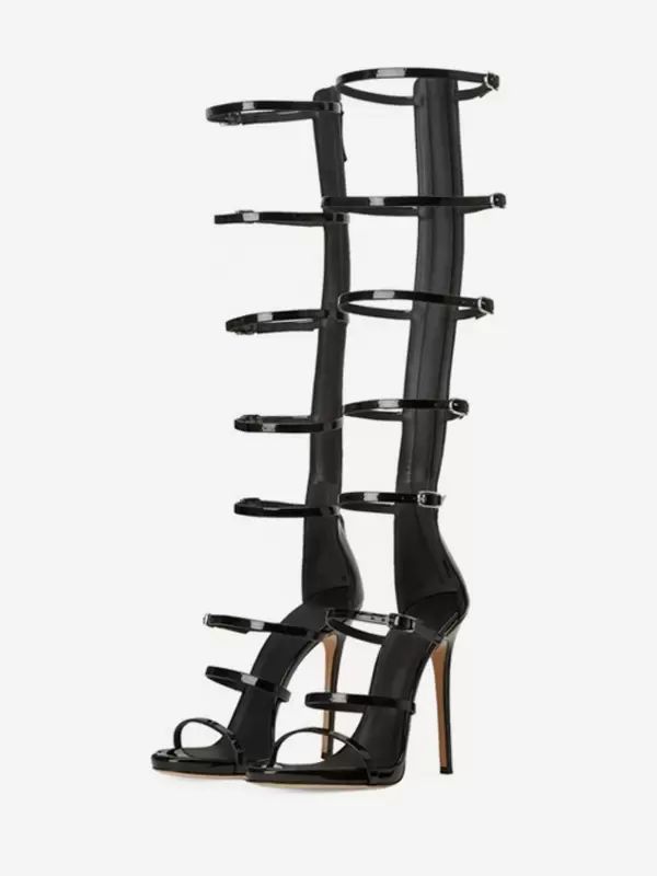 Sandals | Knee High Gladiator Sandals Black Open Toe Buckle Detail Strappy High Heel Sandal Shoes Sandals Sandals