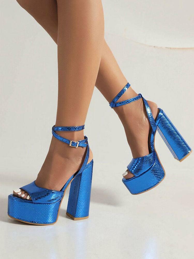 Sandals | Prom Sandals Blue Open Toe Block Heel Ankle Strap Sandals Sandals Sandals