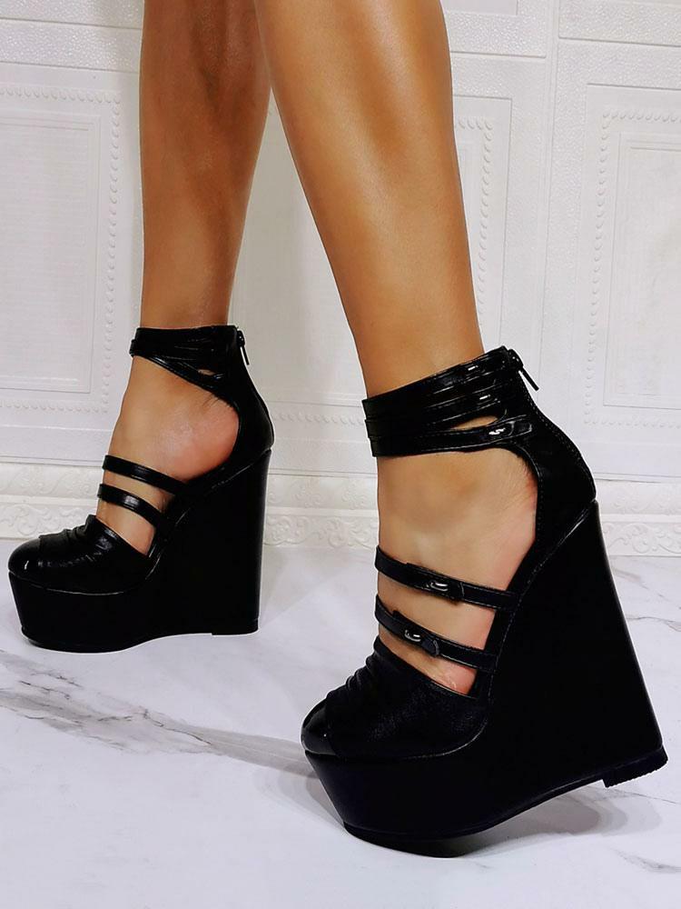 Sandals | Wedge Sandals Black Closed Toe Stiletto Heel PU Leather Black Ankle Strap Wedge Heels Sandals Sandals