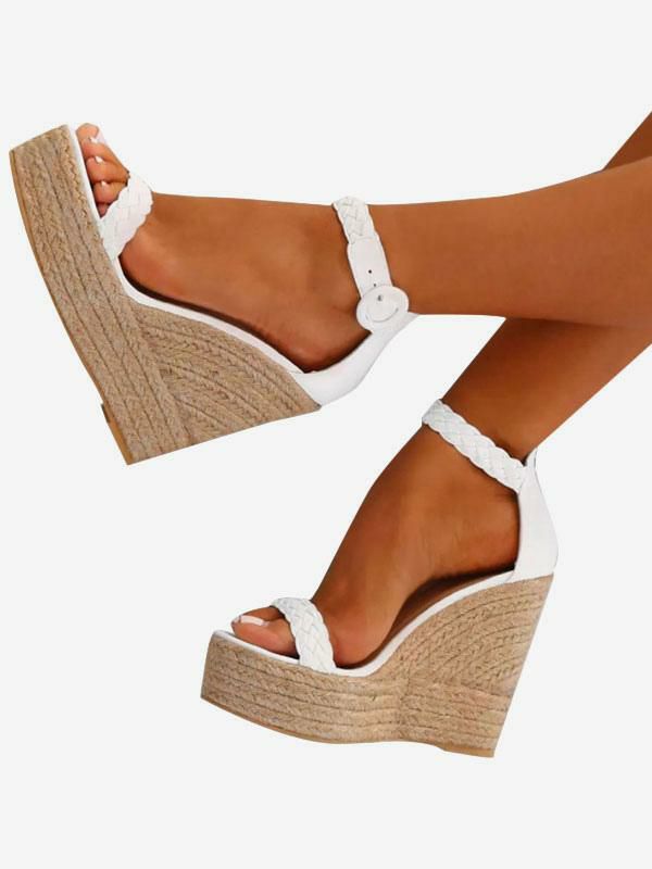 Sandals | White Wedge Sandals Women Platform Open Toe Buckle Detail Espadrille Sandals Sandals Sandals