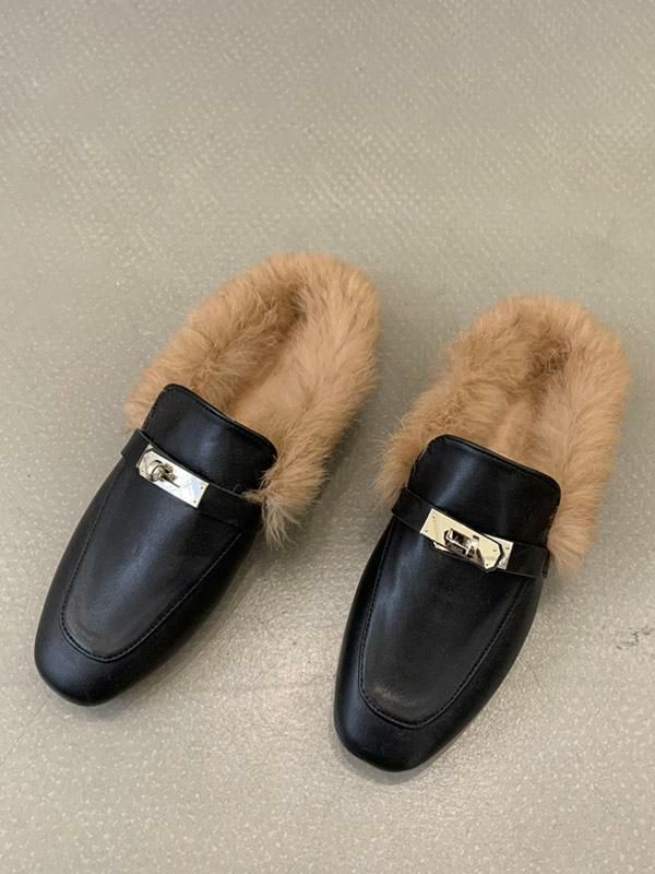 Slippers | Black Loafers Faux Fur Metal Details Slip On Loafer Shoes Shoes Slippers