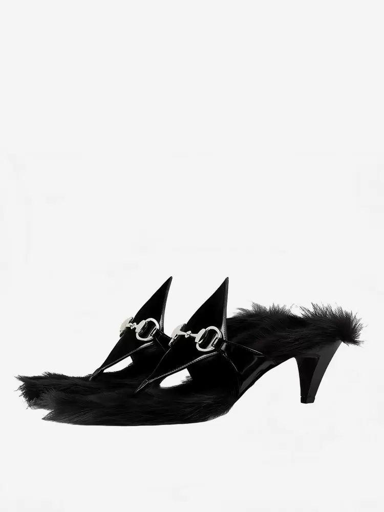 Slippers | Black Sandal Lslides Flip Flop Metal Details Faux Fur Detail Middle Heel Sandals Shoes Slippers