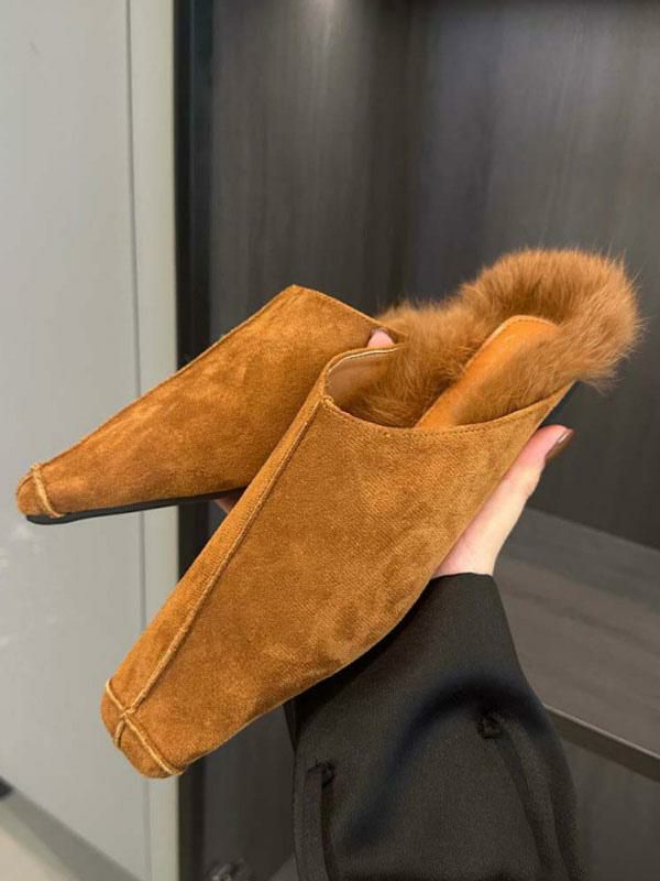 Slippers | Flat Mules Suede Square Toe Winter Mule Shoes Shoes Slippers