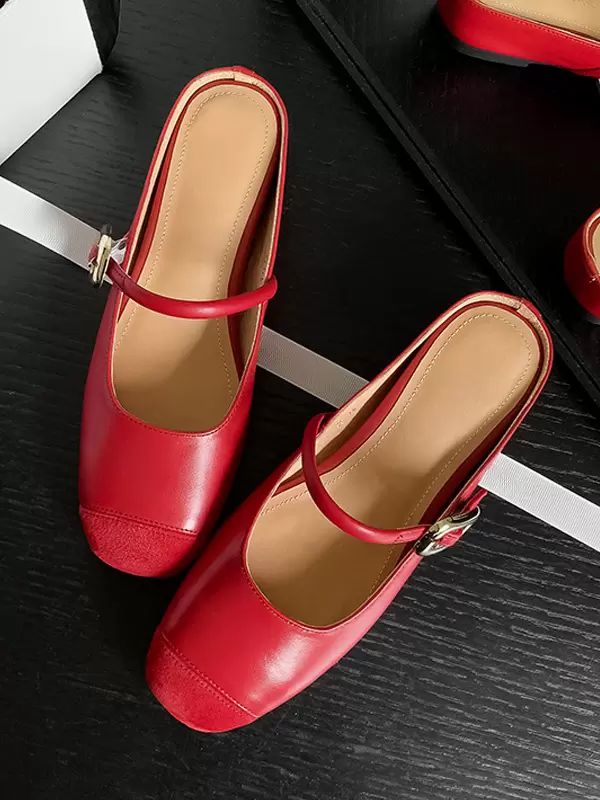 Slippers | Red Mules Mary Jane Buckle Detail Backless Flats Shoes Slippers