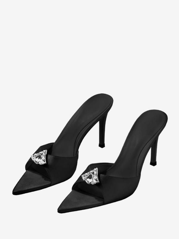 Slippers | Rhinestones Pointed Toe Satin Slide Sandals Stiletto Heel Black Shoes Slippers