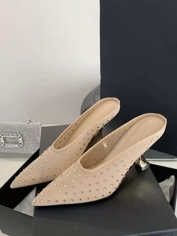 Slippers | Rhinestones Slip-On Special-Shaped Heel Mules Polyester Deep Apricot Shoes Slippers