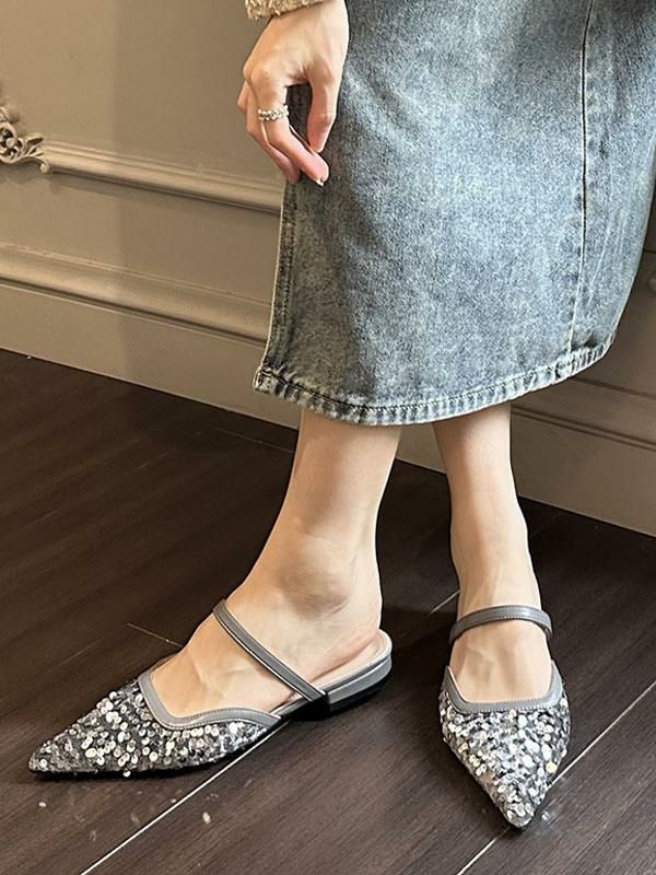 Slippers | Sequined Cloth Pointed Toe Flat Mules Shoes Slippers