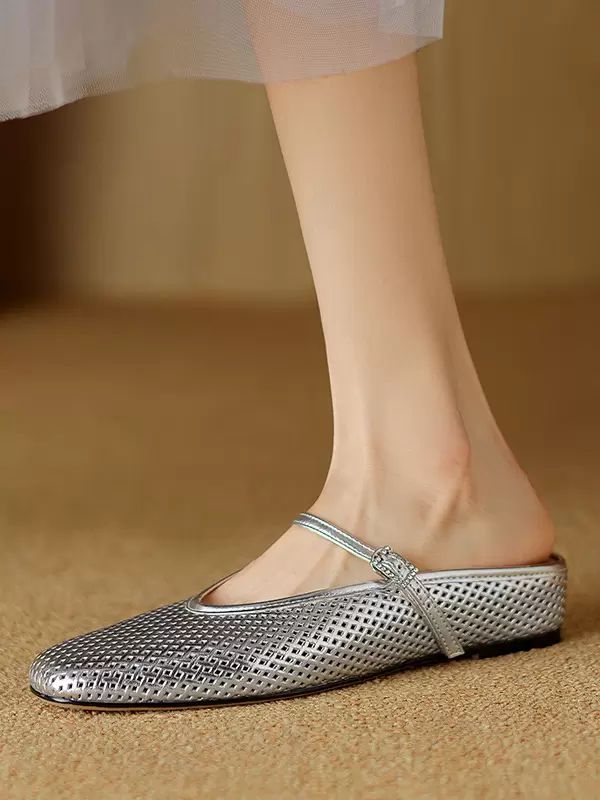 Slippers | Silver Backless Ballet Flats Square Toe Buckle Detail Backless Mules Shoes Slippers