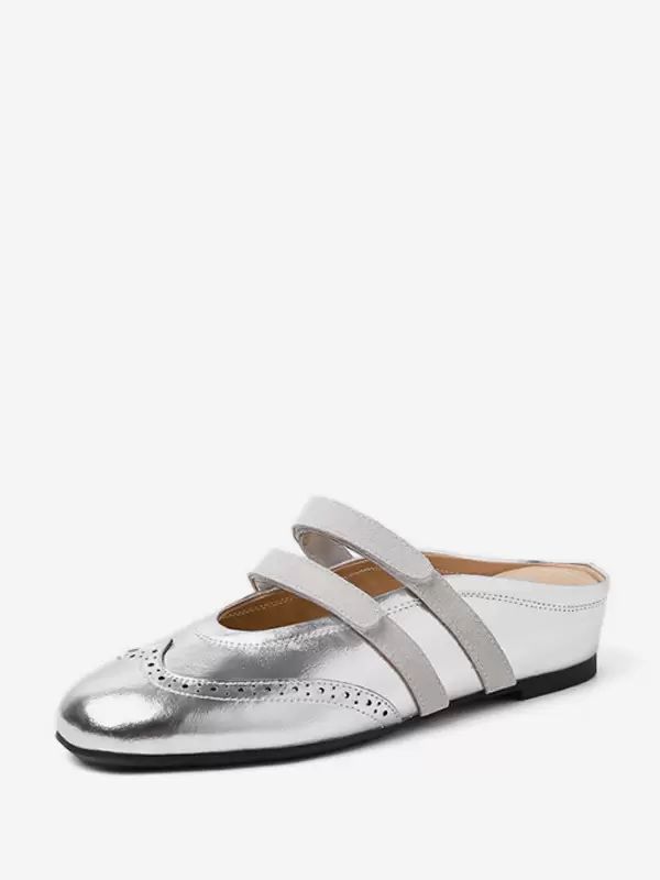 Slippers | Silver Mules Round Toe Backless Falt Mules Shoes Slippers