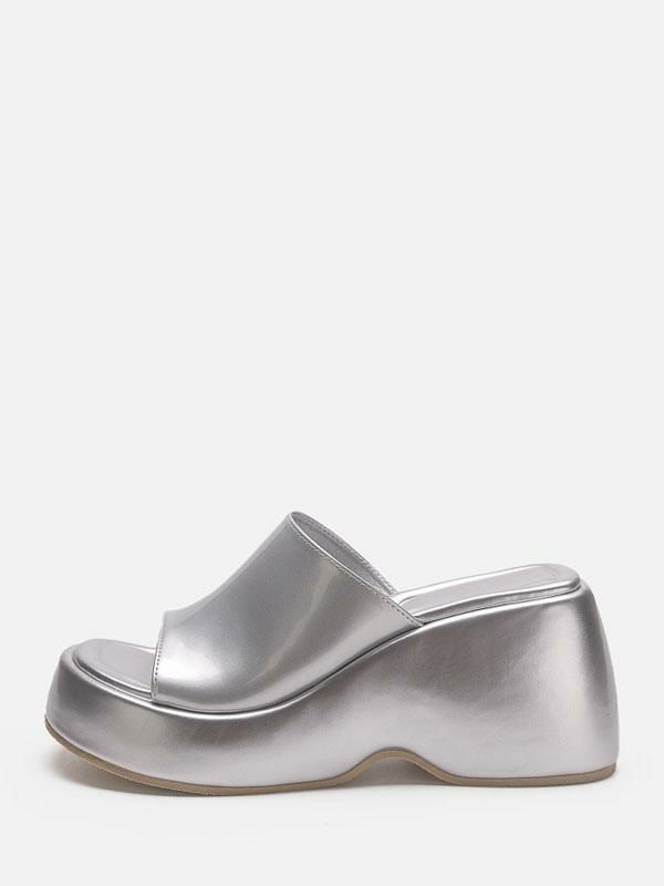 Slippers | Silver Sandal Slides Silver Metallic Platform Flatform Slip-On Mules Shoes Slippers