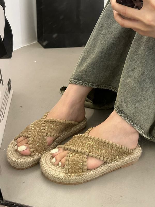 Slippers | Slide Sandals Bohemian Textile Woven Open Toe Flat Slippers Shoes Slippers