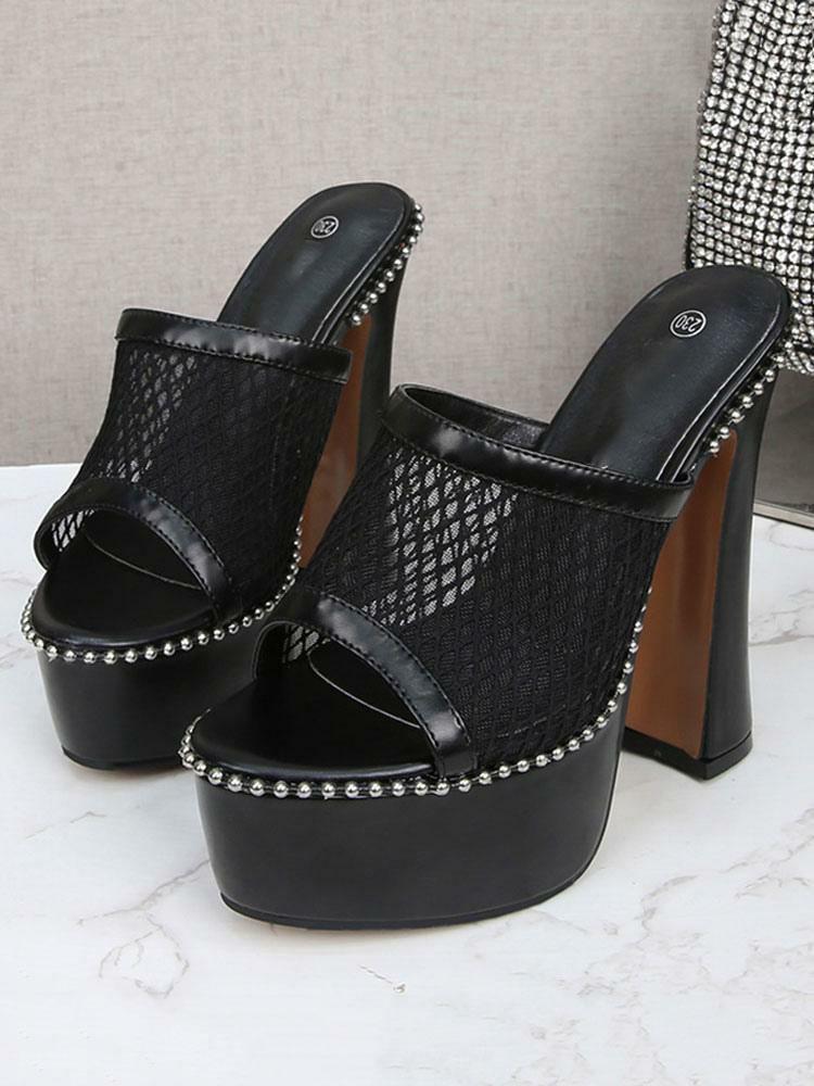 Slippers | Studed Mesh Platform Chunky Heel Mules Shoes Slippers