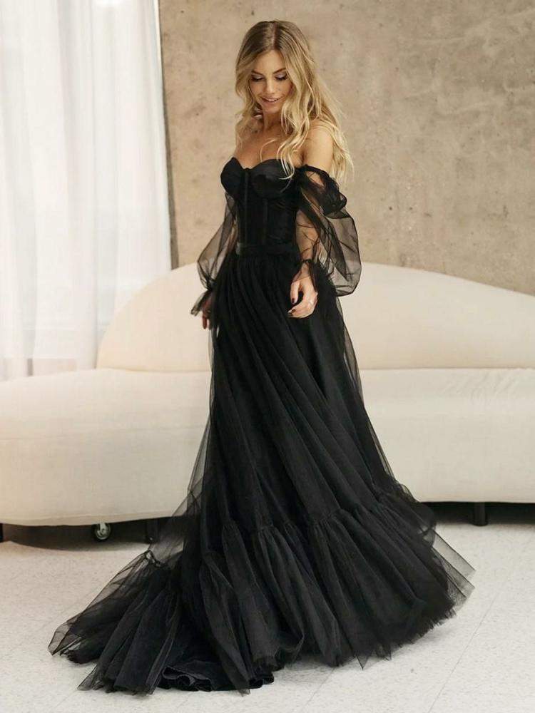 Wedding Accessories | Black Wedding Dresses Tulle A-Line Long Sleeves Bridal Gown Free Customization Wedding Wedding Accessories