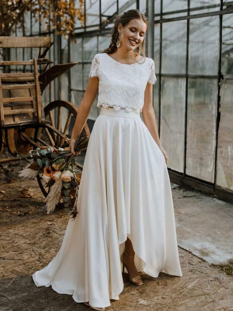 Wedding Accessories | Ivory Two-piece Wedding Dress Stretch Crepe Lace Jewel Neck A-Line Sweep Short Sleeves Bridal Dress Free Customization Wedding Wedding Accessories