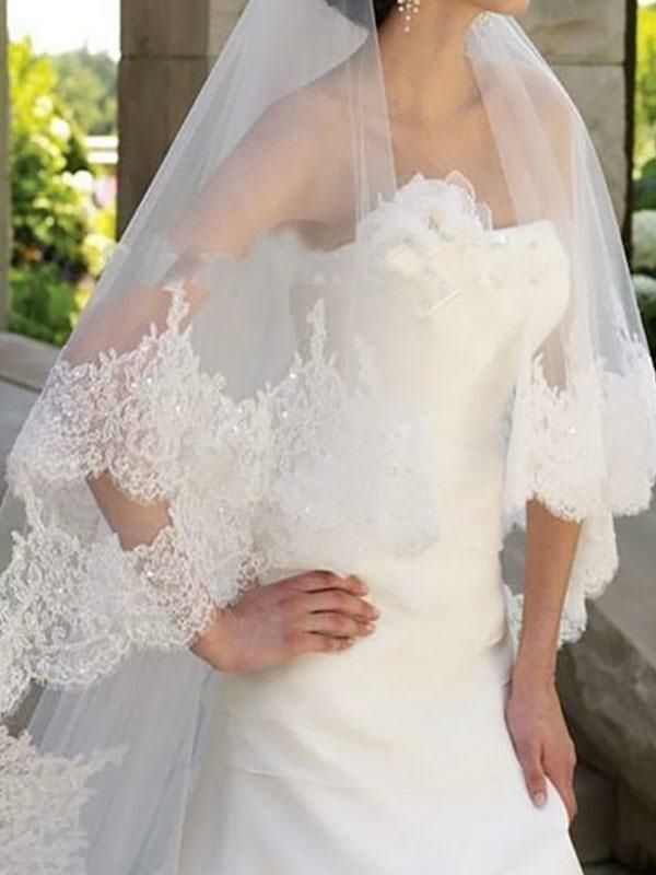 Wedding Accessories | White Wedding Veil One Tier Lace Finished Edge Waterfall Bridal Veils Wedding Wedding Accessories